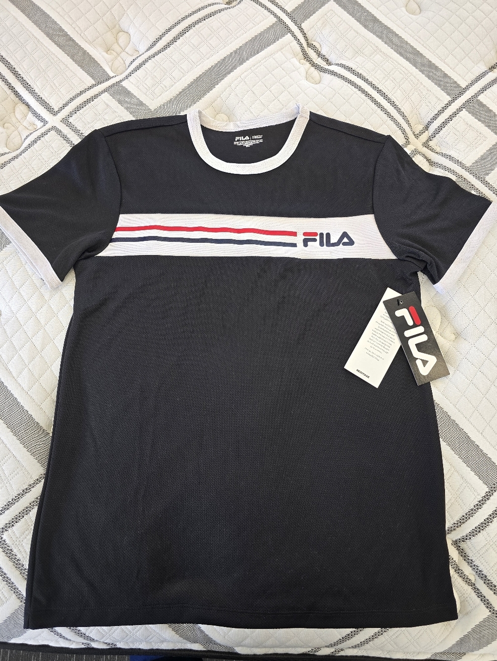 Fila Men's Mesh Black Short Sleeve Tee w Red & Navy Stripe - Size Small